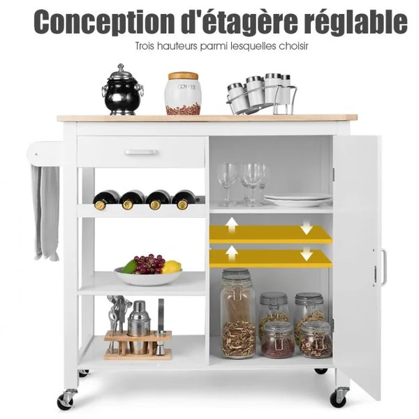 Chariot de Service Roulant Desserte Roulante Tiroir Armoire à Porte Etagères en Mdf Capacité 50kg 100x48x90cm Blanc