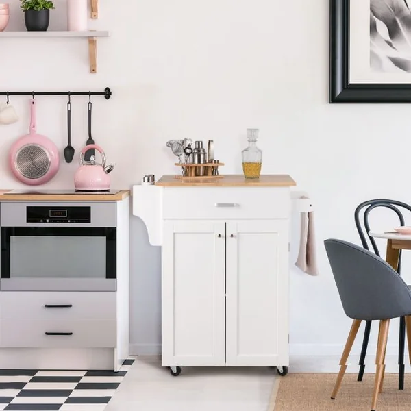 Chariot de Service Roulant Desserte à Roulettes avec Tiroir et Armoire à Porte en Mdf Capacité 50kg 83x48x91cm Blanc