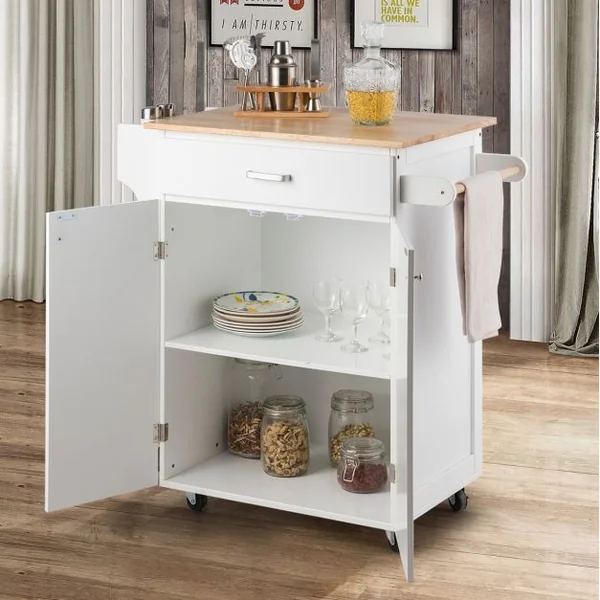 Chariot de Service Roulant Desserte à Roulettes avec Tiroir et Armoire à Porte en Mdf Capacité 50kg 83x48x91cm Blanc