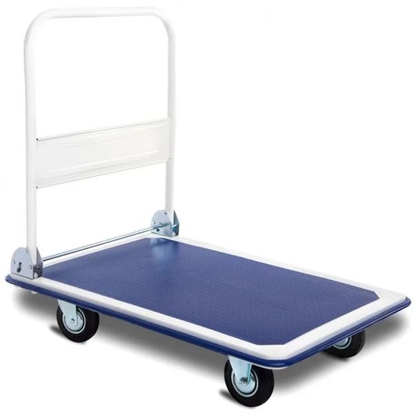 Chariot de Transport Chariot à Plateau Pliable Diable Hauteur Réglable Capacité 300kg en Acier 90x61x88cm Blanc&Bleu