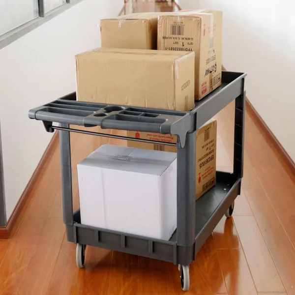 Chariot de Travail avec Grande Capacité de Rangement Chariot de Service à 2 Niveaux en Plastique, 118x64x84cm, Gris