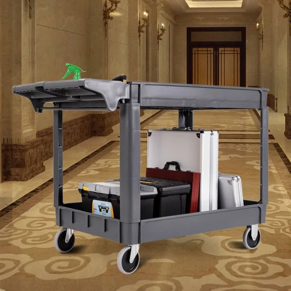 Chariot de Travail avec Grande Capacité de Rangement Chariot de Service à 2 Niveaux en Plastique, 118x64x84cm, Gris