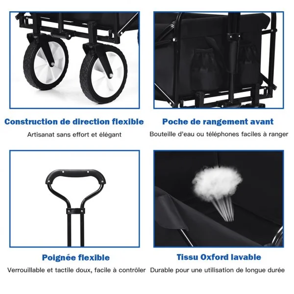 Chariot Remorque de Jardin Pliable pour Transport avec 4 Roues Lisse Poignée Réglable Capacité 150 Kg en Acier Noir