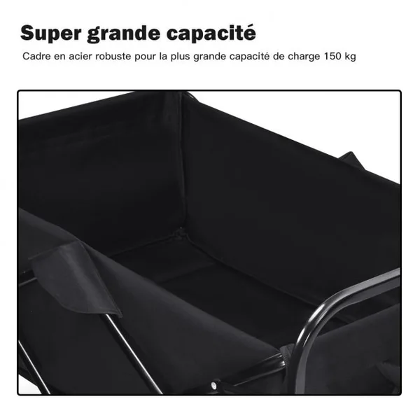 Chariot Remorque de Jardin Pliable pour Transport avec 4 Roues Lisse Poignée Réglable Capacité 150 Kg en Acier Noir