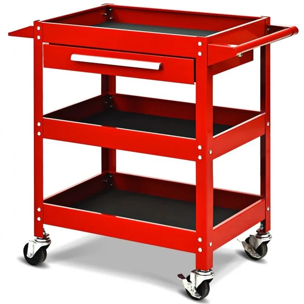 Chariot Roulant D’atelier Chariot à Outils à 3 Étages avec Tiroir Tapis Antidérapant en Métal 80x41x795cm Rouge