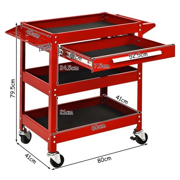 Chariot Roulant D’atelier Chariot à Outils à 3 Étages avec Tiroir Tapis Antidérapant en Métal 80x41x795cm Rouge