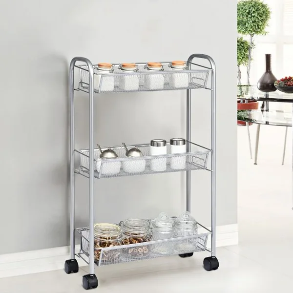 Chariot à Roulettes Desserte de Service Roues Verrouillables avec 3 Paniers Rangement Gris