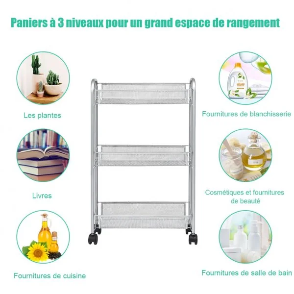 Chariot à Roulettes Desserte de Service Roues Verrouillables avec 3 Paniers Rangement Gris