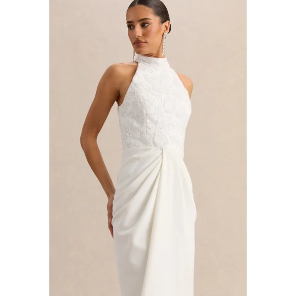 Charlotte | Robe longue blanche à encolure dos-nu avec détails froncés
