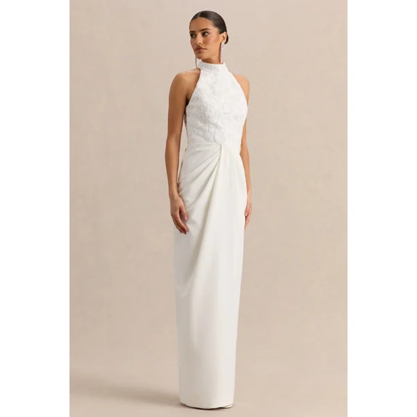 Charlotte | Robe longue blanche à encolure dos-nu avec détails froncés