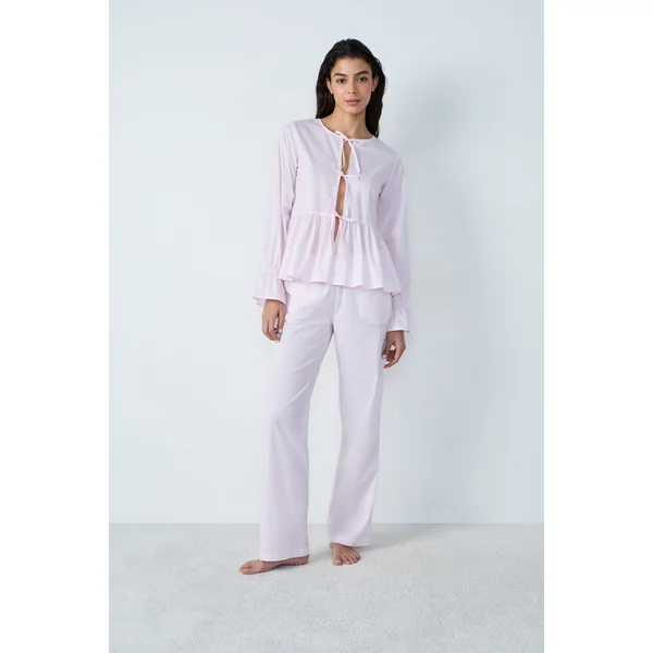 Chemise de pyjama manches longues en coton à rayures à nœuds