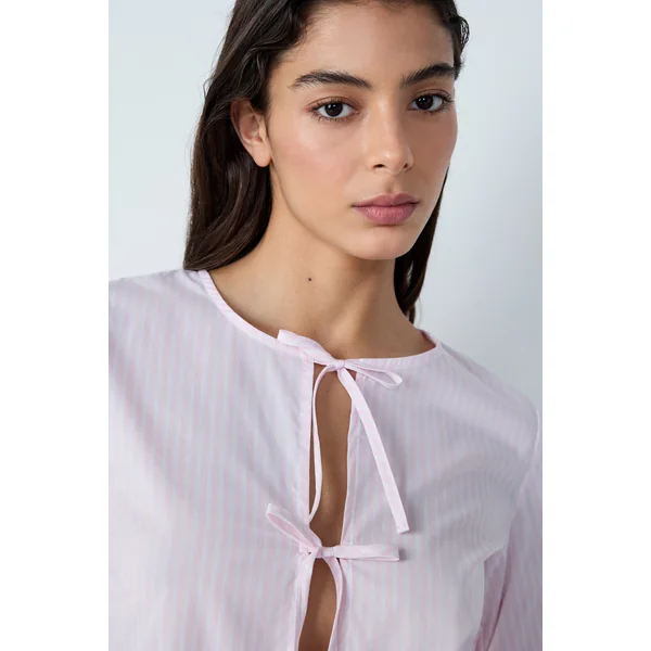 Chemise de pyjama manches longues en coton à rayures à nœuds