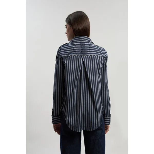 Chemise Tissée en Coton à Rayures avec Détail de Patte de Boutonnage Coupe Ample