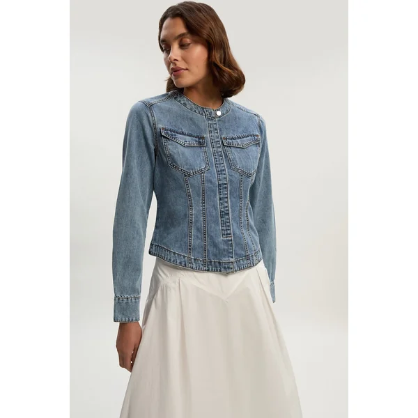 Chemise Western Ajustée en Denim sans Col