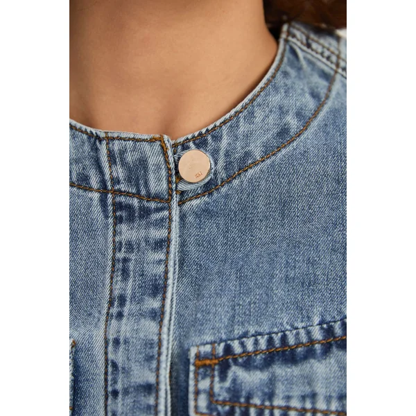 Chemise Western Ajustée en Denim sans Col