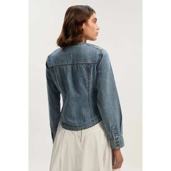 Chemise Western Ajustée en Denim sans Col