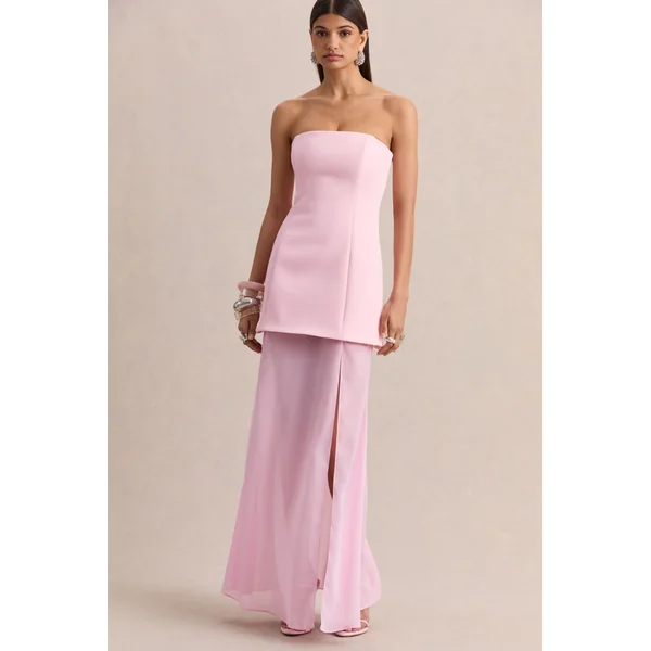 Chessa | Robe longue rose clair à encolure bateau avec cape transparente