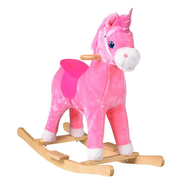Cheval à Bascule en Peluche pour Enfant Doux Licorne à bascule avec Effets Sonores Capacité 40kg, 74 x 33 x 62cm, Rose
