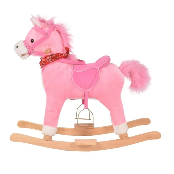 Cheval à bascule en peluche vintage pour enfants Jouet à bascule avec effets sonores, Capacité 40 kg, 74x33x62cm, Rose
