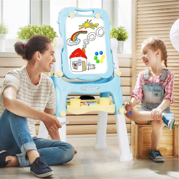 Chevalet 2 en 1 pour Enfant plus de 3 Ans Double Faces Accessoires Hauteur Réglable en PP 61,5x48,5x82-109cm Bleu