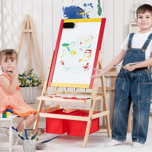 Chevalet 3 en 1 pour Enfants avec Rouleau de Papier Tableau Magnétique Blanc et Noir Accessoires 52,5x515x106,5cm