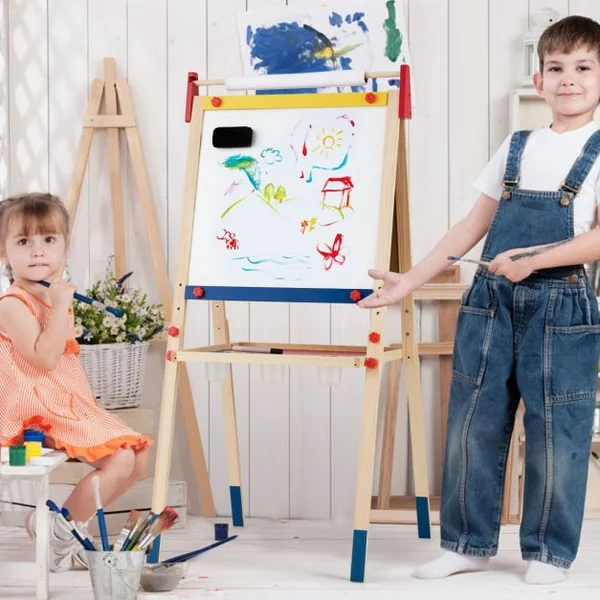 Chevalet 3 en 1 pour Enfants avec Rouleau de Papier Tableau Magnétique Blanc et Noir Accessoires 60x55x1125-1245cm
