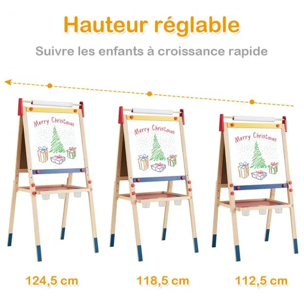 Chevalet 3 en 1 pour Enfants avec Rouleau de Papier Tableau Magnétique Blanc et Noir Accessoires 60x55x1125-1245cm