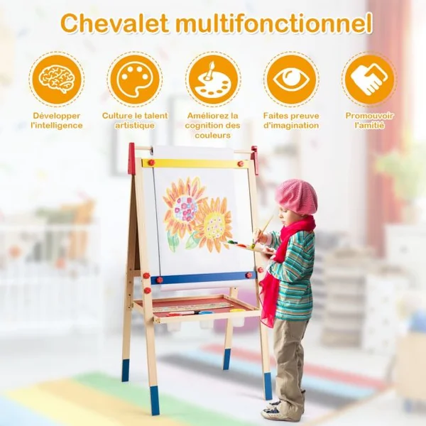 Chevalet 3 en 1 pour Enfants avec Rouleau de Papier Tableau Magnétique Blanc et Noir Accessoires 60x55x1125-1245cm