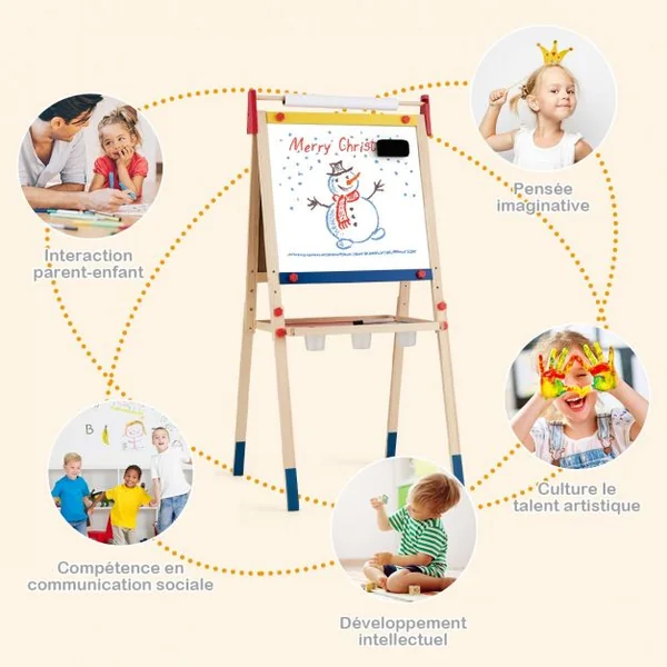 Chevalet 3 en 1 pour Enfants avec Rouleau de Papier Tableau Magnétique Blanc et Noir Accessoires 60x55x1125-1245cm