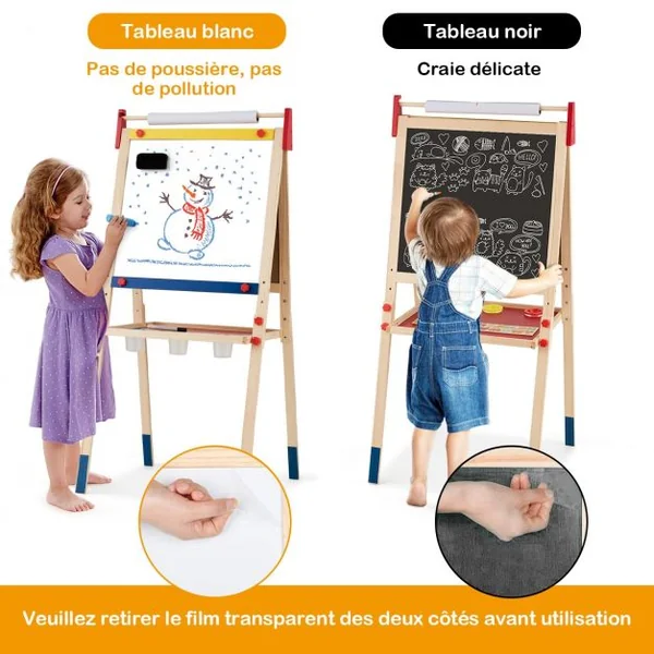 Chevalet 3 en 1 pour Enfants avec Rouleau de Papier Tableau Magnétique Blanc et Noir Accessoires 60x55x1125-1245cm
