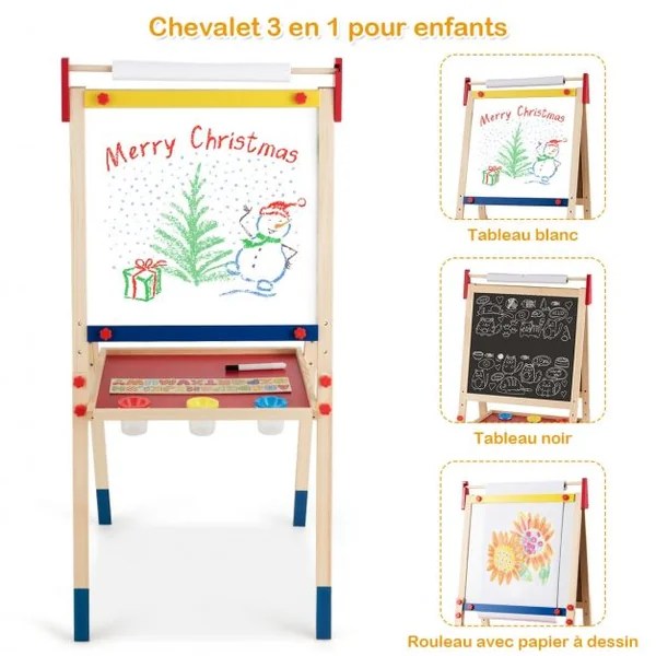 Chevalet 3 en 1 pour Enfants avec Rouleau de Papier Tableau Magnétique Blanc et Noir Accessoires 60x55x1125-1245cm