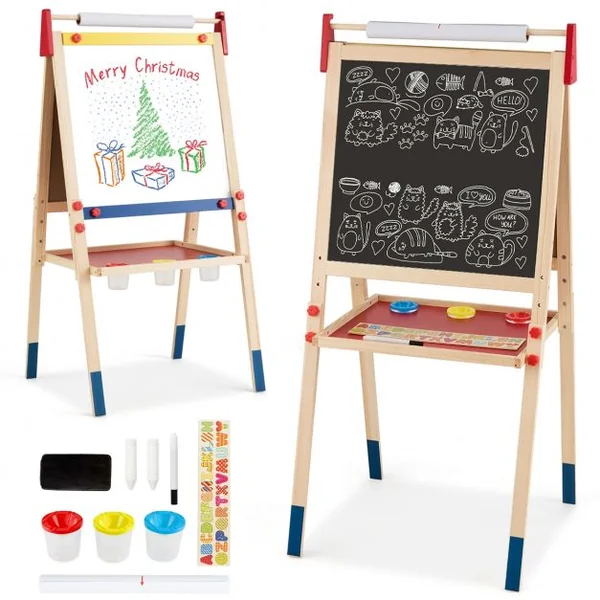 Chevalet 3 en 1 pour Enfants avec Rouleau de Papier Tableau Magnétique Blanc et Noir Accessoires 60x55x1125-1245cm