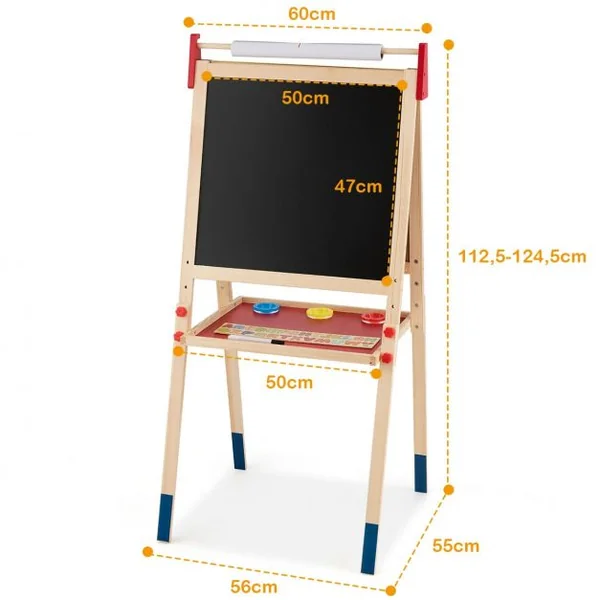 Chevalet 3 en 1 pour Enfants avec Rouleau de Papier Tableau Magnétique Blanc et Noir Accessoires 60x55x1125-1245cm