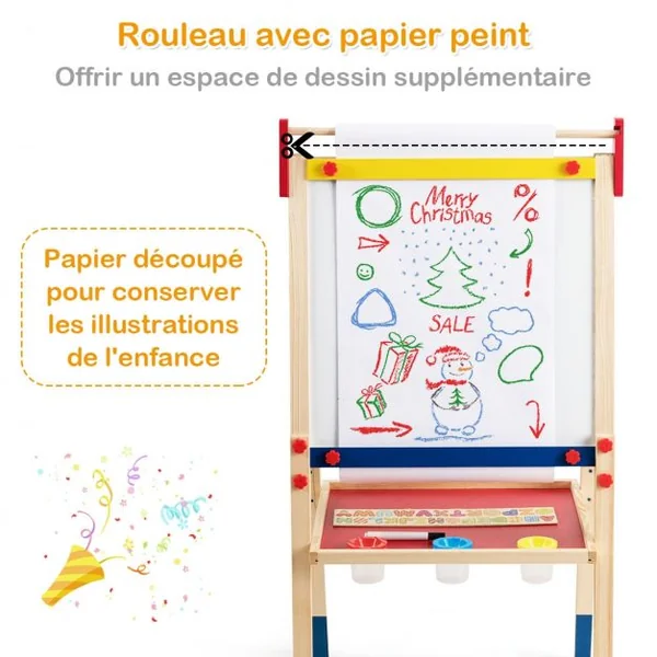 Chevalet 3 en 1 pour Enfants avec Rouleau de Papier Tableau Magnétique Blanc et Noir Accessoires 60x55x1125-1245cm