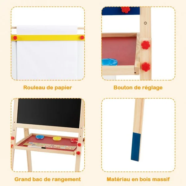 Chevalet 3 en 1 pour Enfants avec Rouleau de Papier Tableau Magnétique Blanc et Noir Accessoires 60x55x1125-1245cm