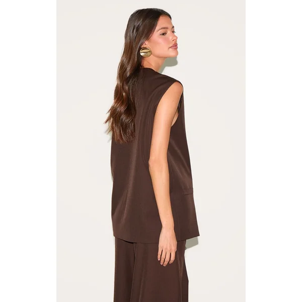Chocolat Ensemble Coordonné Gilet Sans Col Tissé Surdimensionné À Épaulettes