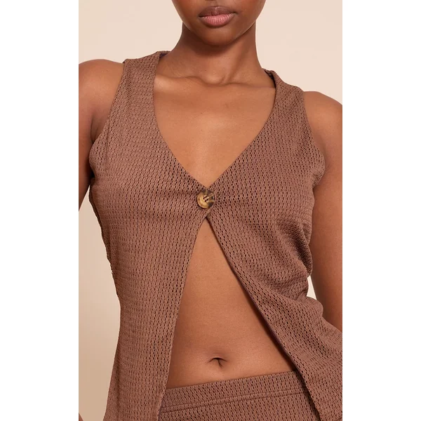 Chocolat Ensemble Coordonné Gilet Texturé À Ourlet Fendu