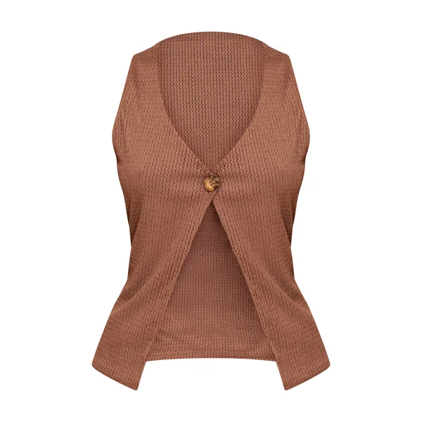 Chocolat Ensemble Coordonné Gilet Texturé À Ourlet Fendu