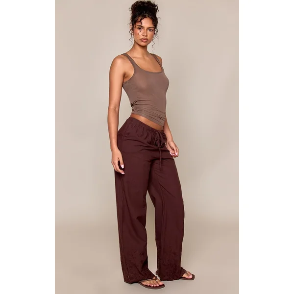 Chocolat Foncé Pantalon Droit À Cordon De Serrage Avec Détail Broderie