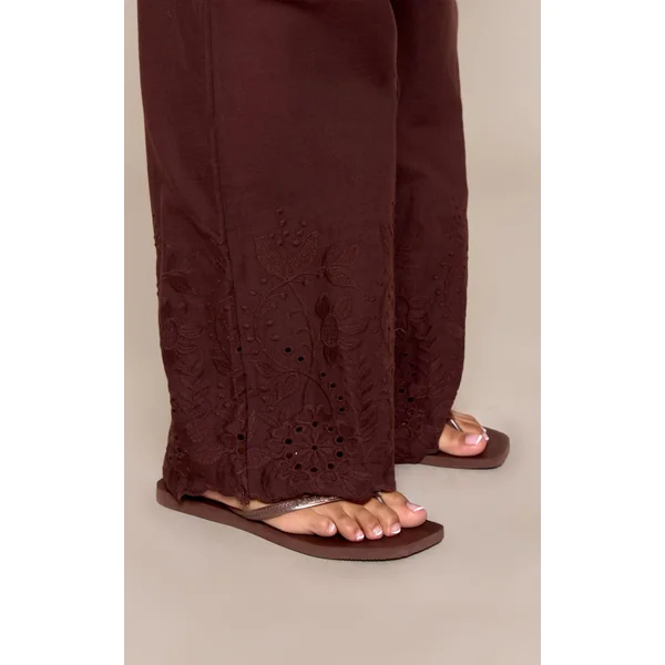 Chocolat Foncé Pantalon Droit À Cordon De Serrage Avec Détail Broderie