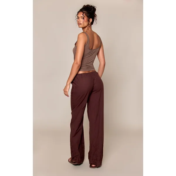 Chocolat Foncé Pantalon Droit À Cordon De Serrage Avec Détail Broderie