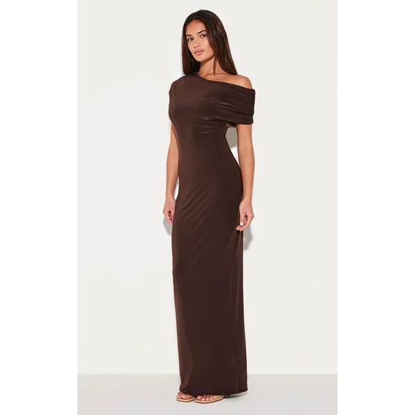 Chocolat Foncé Robe Longue Asymétrique À Manches Froncées En Tissu Soyeux Double Épaisseur