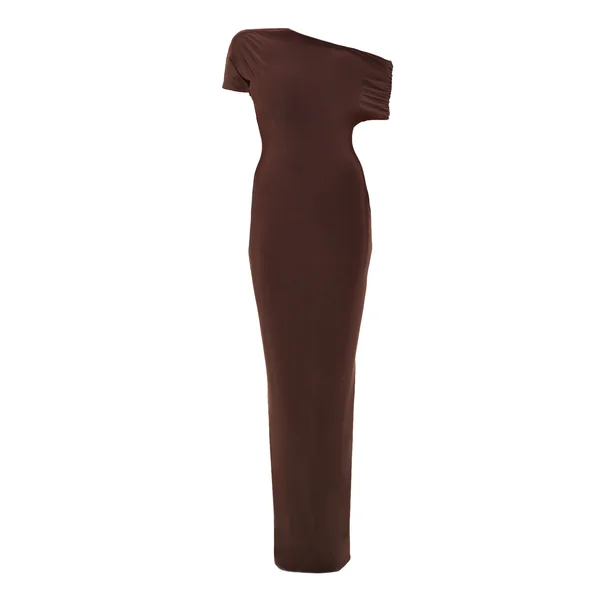 Chocolat Foncé Robe Longue Asymétrique À Manches Froncées En Tissu Soyeux Double Épaisseur