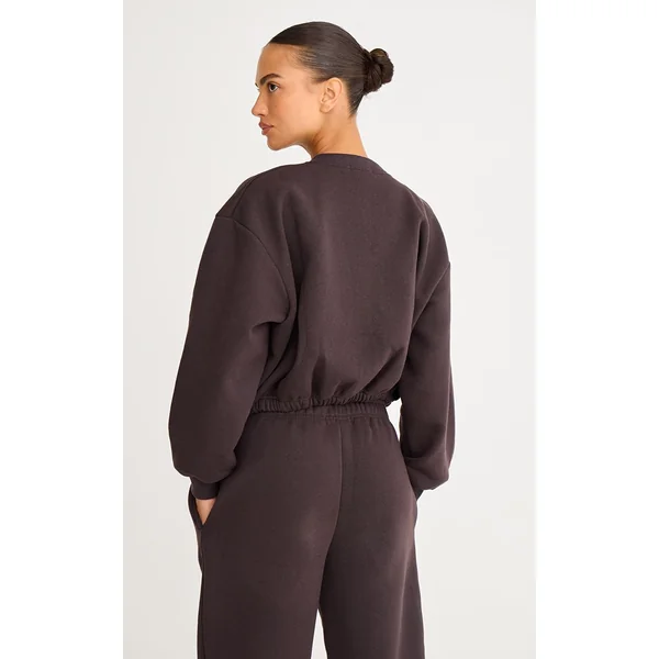 Chocolat Foncé Sweat-shirt Court Zippé Avec Cordon De Serrage À La Taille