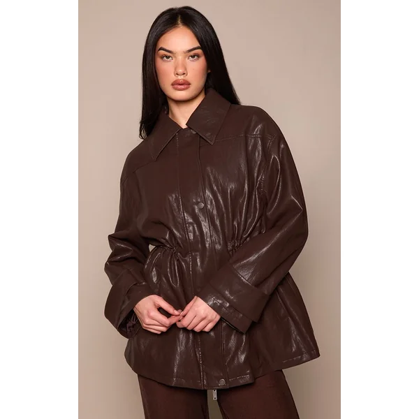 Chocolat Foncé Veste Cintrée En Synthétique Brillant Texturé