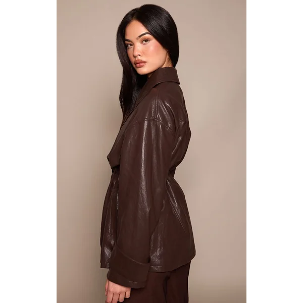 Chocolat Foncé Veste Cintrée En Synthétique Brillant Texturé