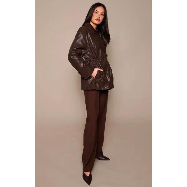 Chocolat Foncé Veste Cintrée En Synthétique Brillant Texturé