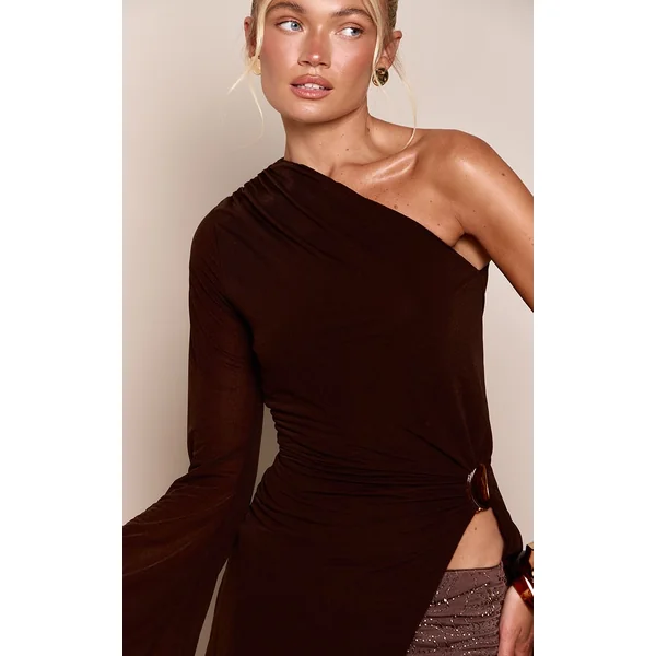 Chocolat Haut Long Asymétrique À Manche Évasée En Mesh Dévoré