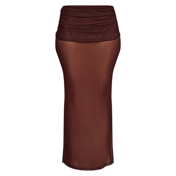 Chocolat Jupe Longue En Mesh Superposé À Imprimé Carreaux