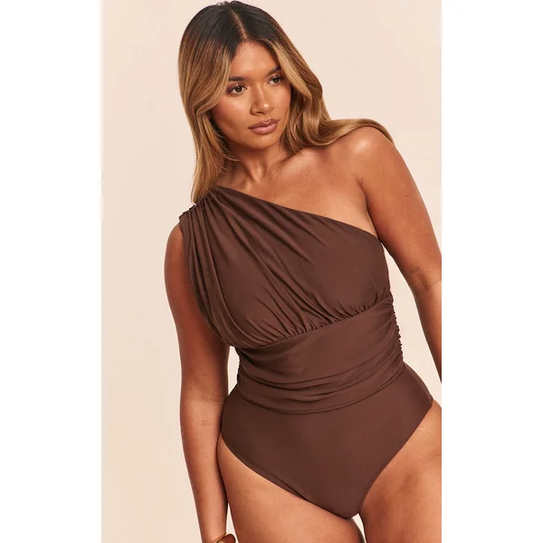 Chocolat Maillot De Bain Échancré Une Épaule Froncé Sculptant
